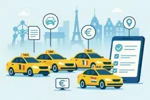 A modern flat-style illustration showing four European taxis with flags of Belgium, Germany, France, and the Netherlands. Each taxi has a sign next to it — like "New Law", "Electric Only", or "Fare Change". The background includes city skylines like Berlin, Paris, Brussels, and Amsterdam. Add small tech elements like a digital checklist or invoice icon to suggest software use. Bright, clean, business-focused aesthetic.