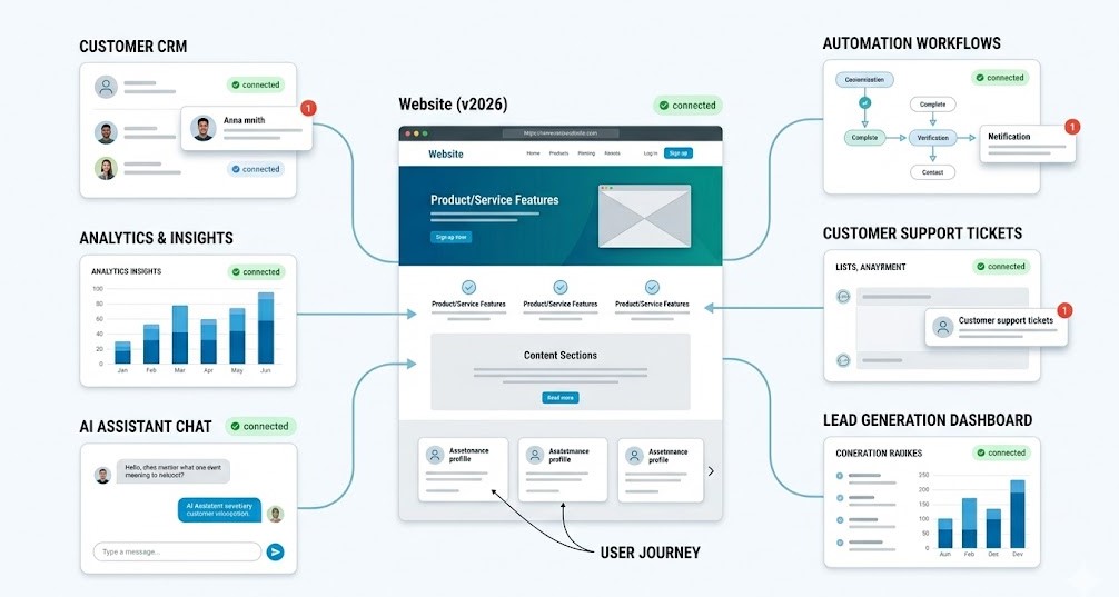 Diagram showing how a business website connects CRM, automation, analytics, forms, and customer data Title: