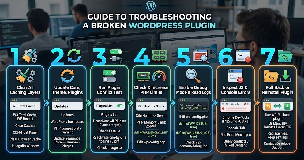 Infographic met 7 stappen om problemen met een WordPress-plugin op te lossen, van cache wissen tot opnieuw installeren